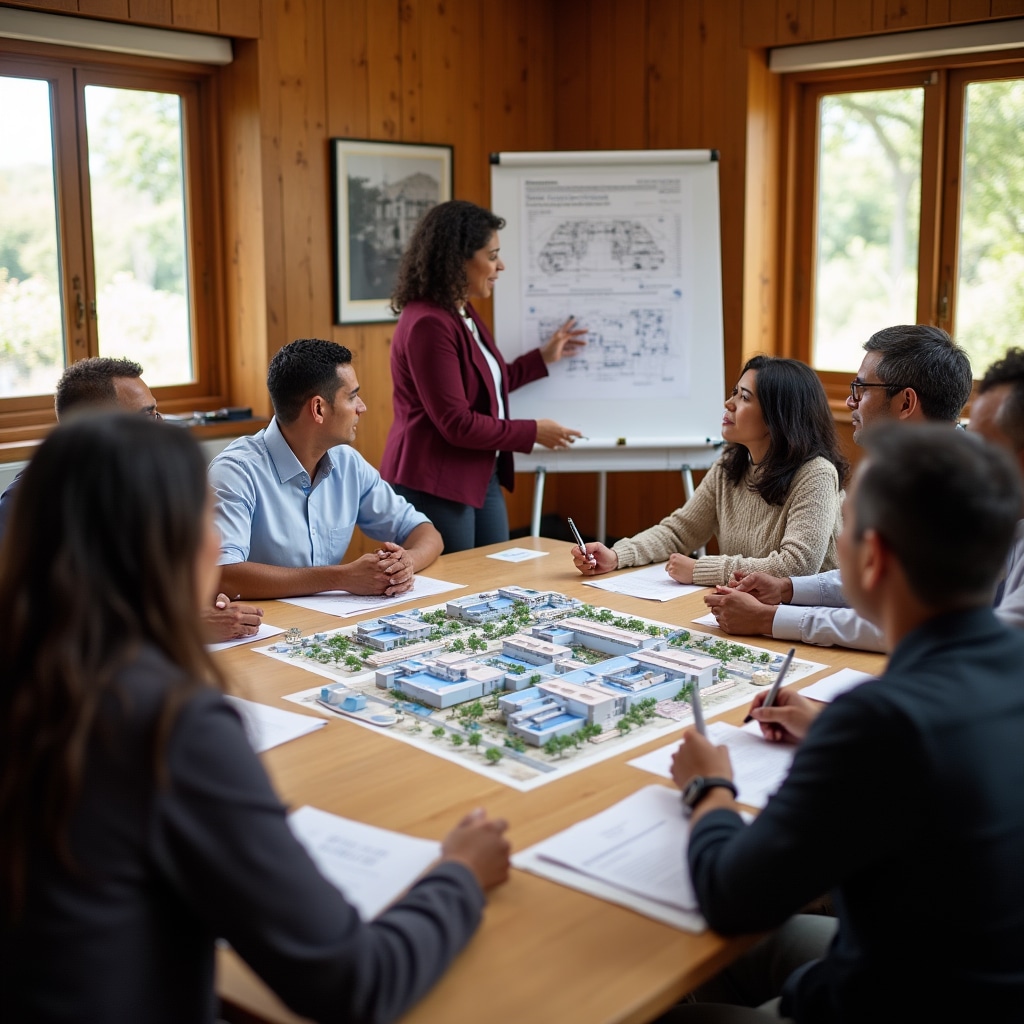 Cooperative housing members meeting to discuss solar energy integration plans