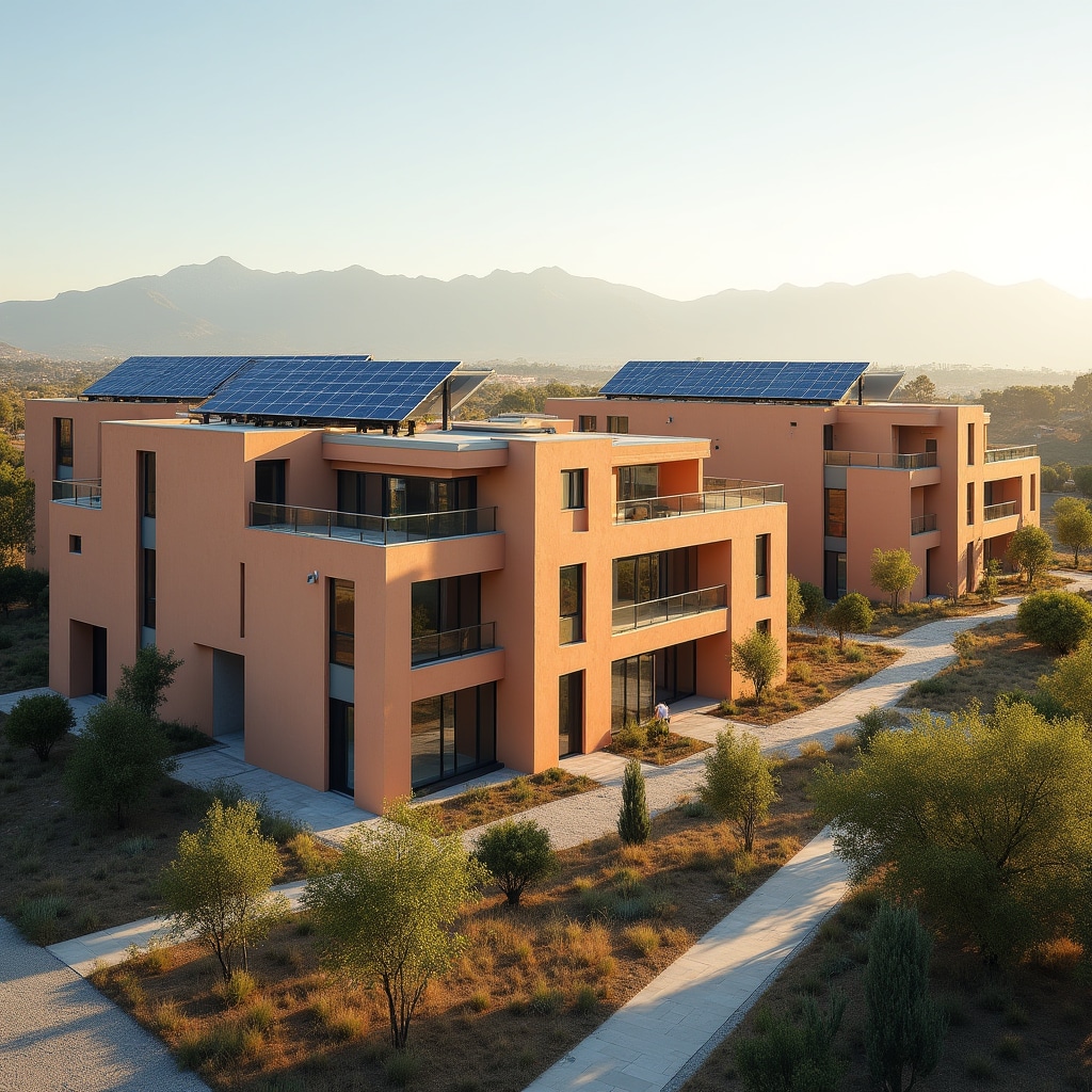 Modern cooperative housing development with integrated solar panel systems on rooftops
