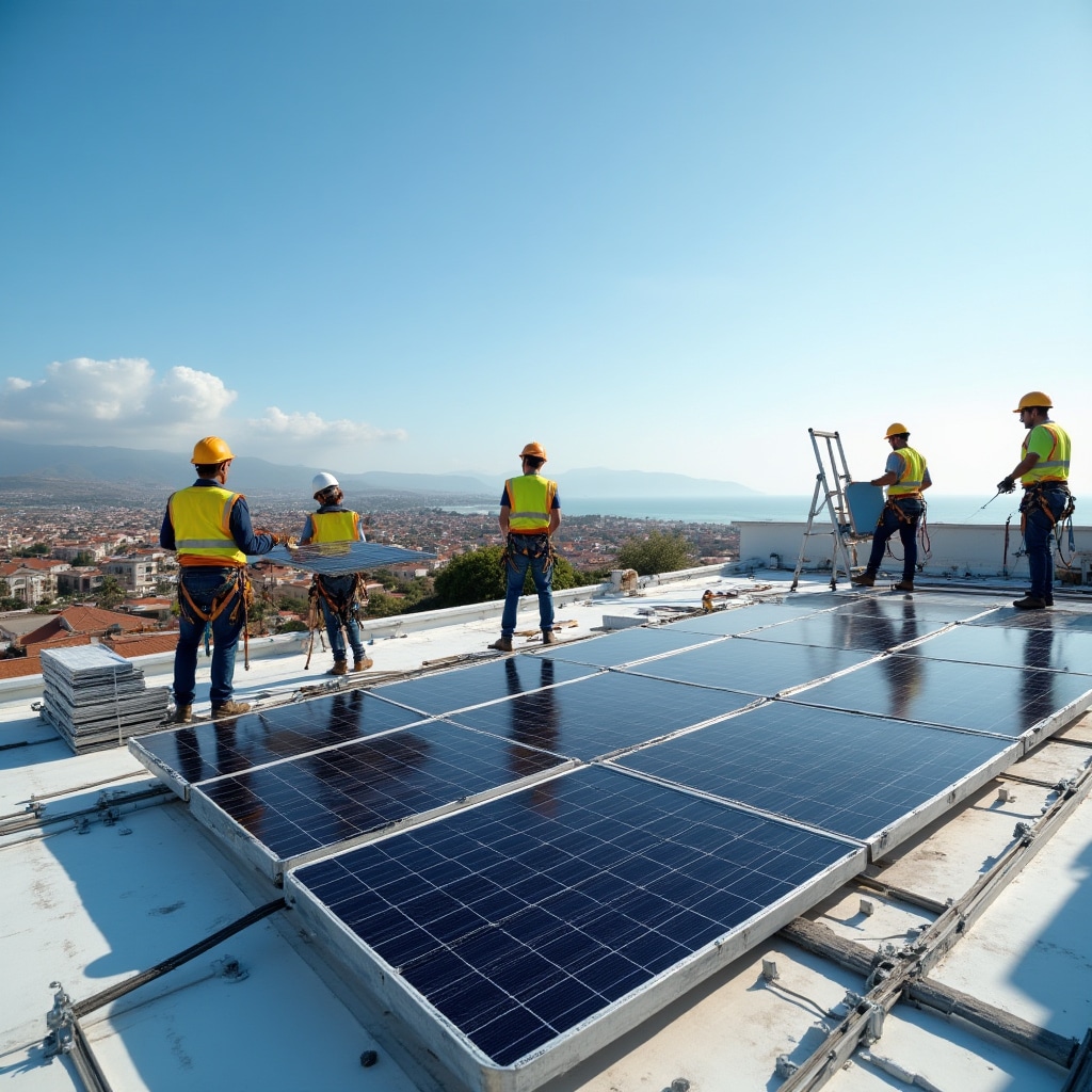 Solar panel installation in progress on cooperative housing building rooftop