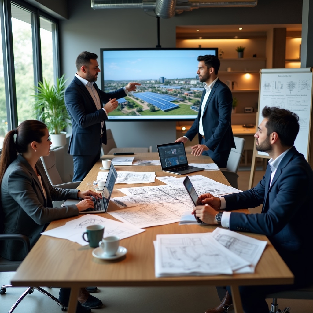 Team members collaborating on solar project plans in modern office workspace