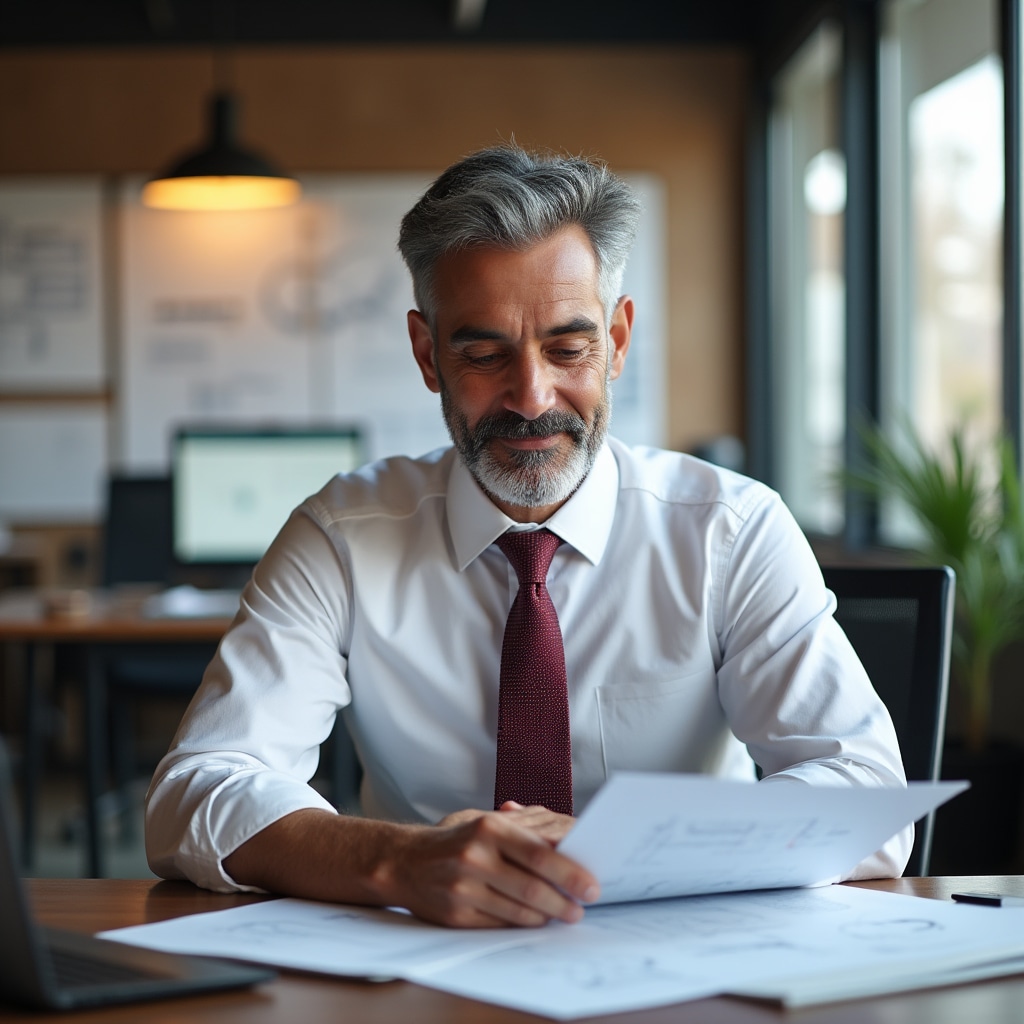 Senior energy consultant reviewing solar panel specifications at desk