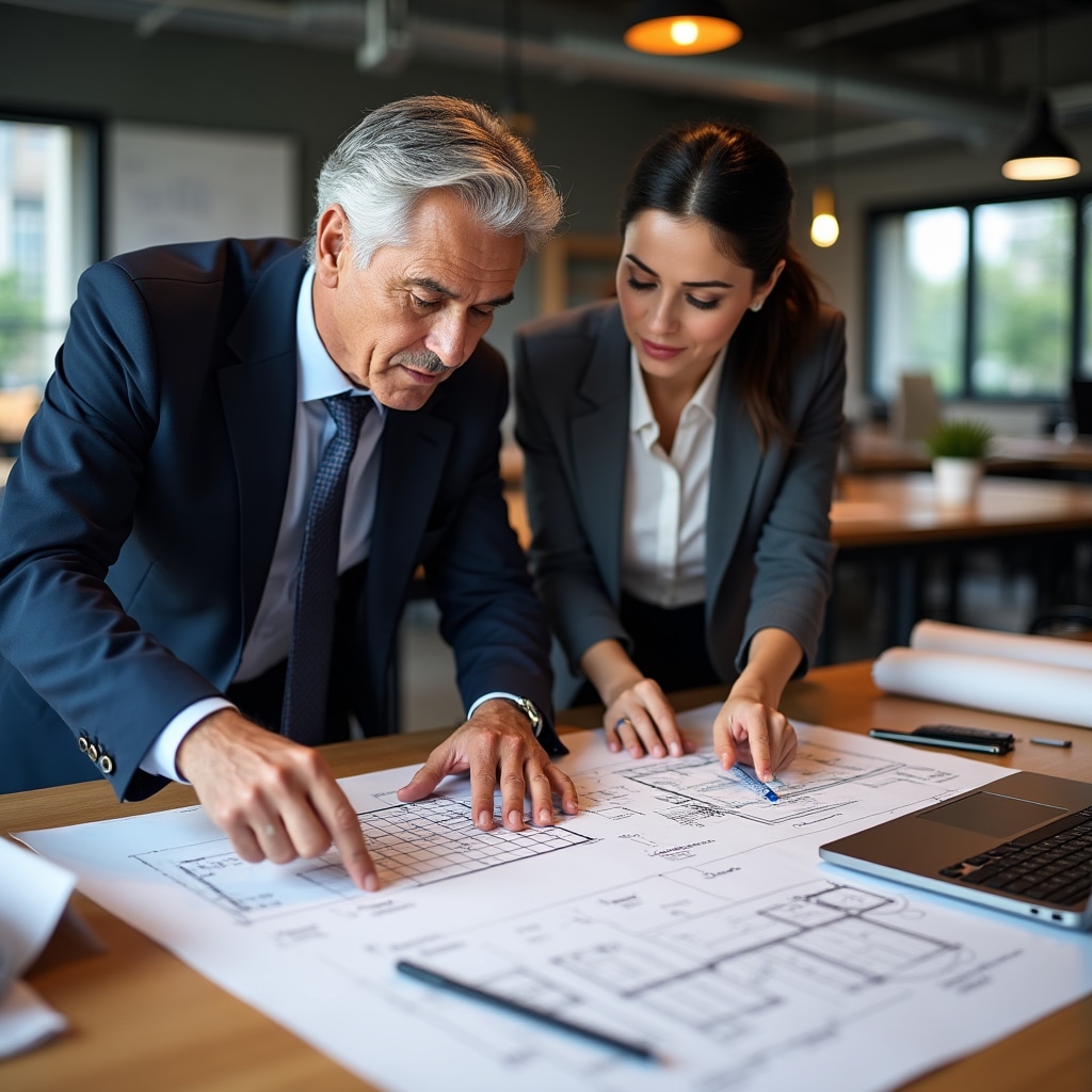 Engineers reviewing solar panel installation blueprints and technical specifications on a table