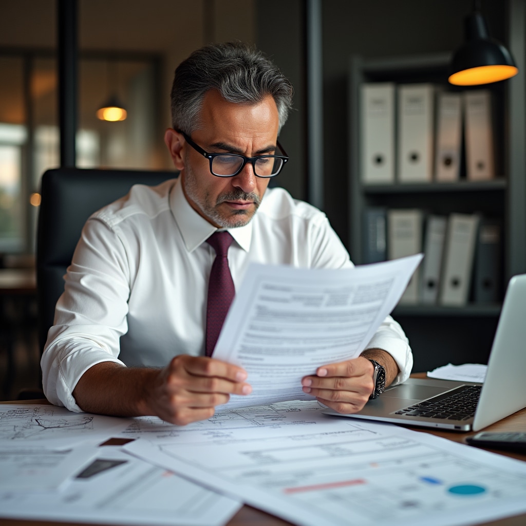 Technical specialist reviewing utility company interconnection documents and electrical diagrams